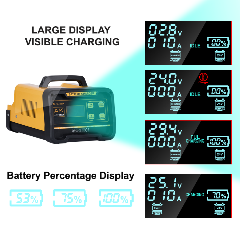 Smart Inverter 12V 24V High Power 150A Current Adjustable Automatic Car Battery Charger AK-150 with Engine Starter and DC Port