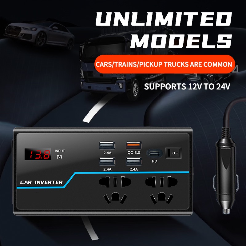 Intelligent Car Inverter Charger 12v24V to 110v220V,Multi-Function Converter,Type-C Fast Charging for Mobile Phones