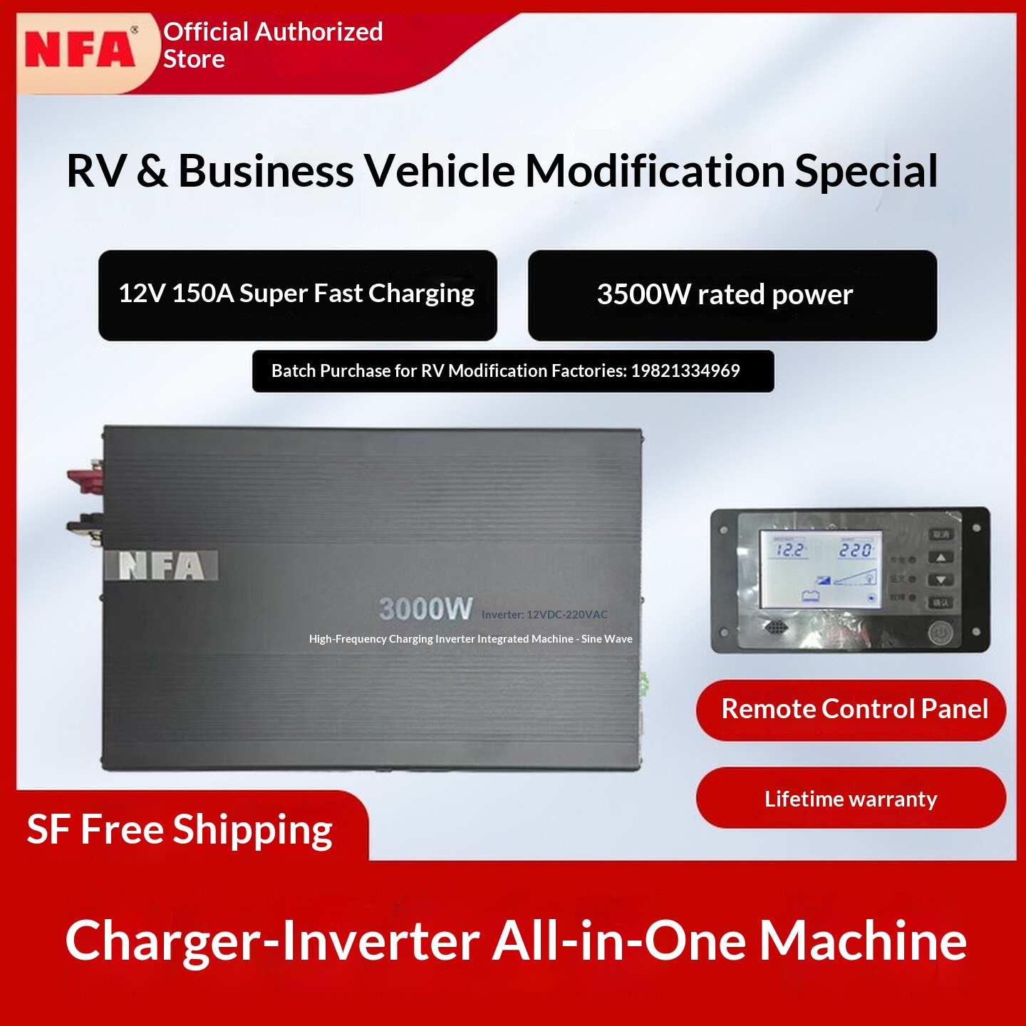 3000W 12V/24V to 110/120V/220V AC Solar Power Inverter Charger UPS Function for RV Truck Boat Off-Grid caravan Inverter NFA