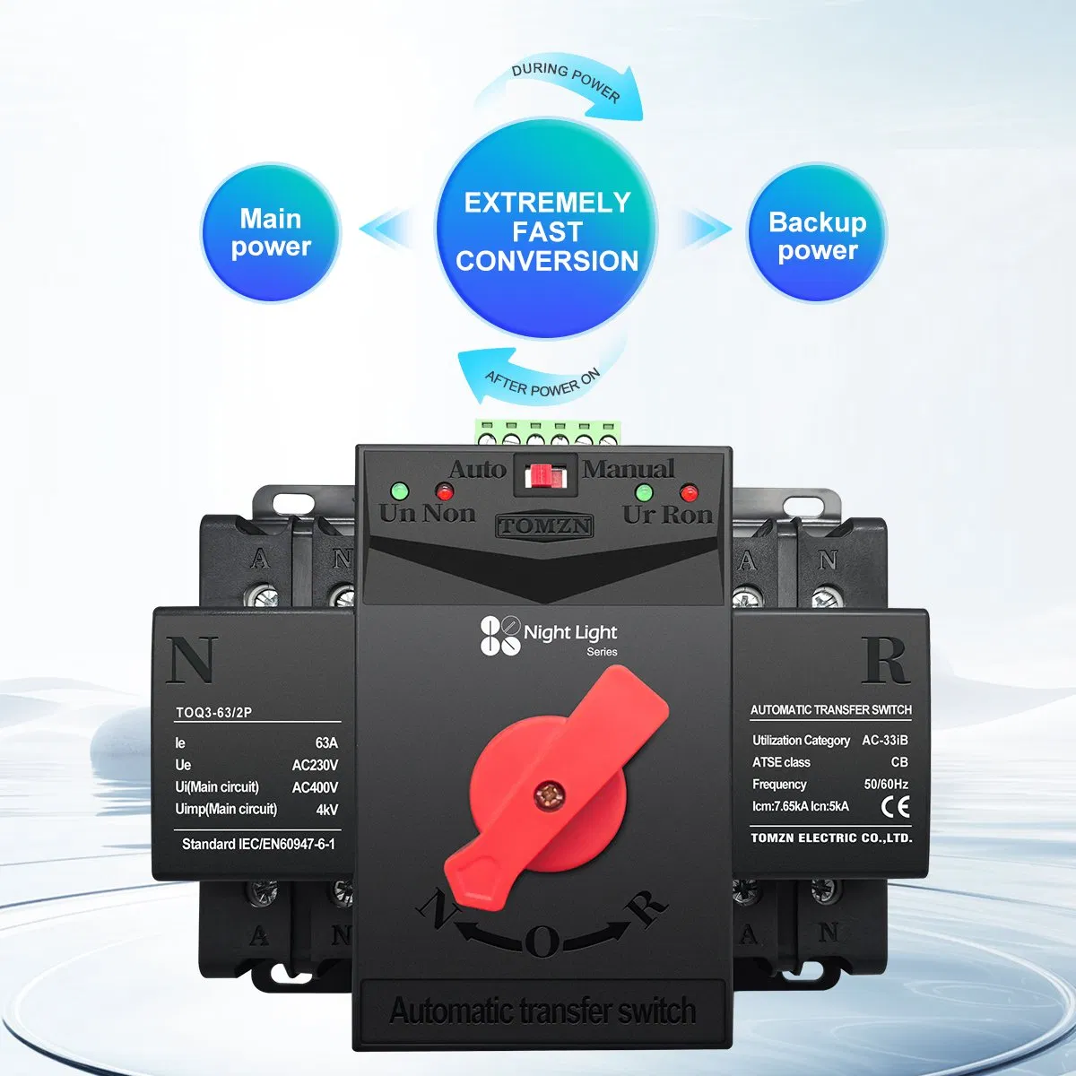 Tomzn Light Series 2p MCB Type Dual Power Automatic Transfer Switch ATS