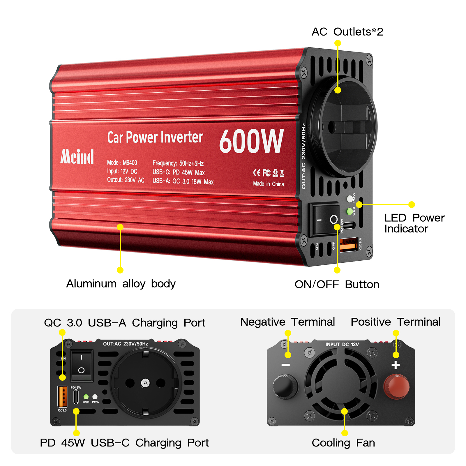 Universal 600W Modified Sine Wave DC/AC Inverter Single Phase Mini Car &amp; Home Power Converter 12V 110V/220V Output US/UK/Europe
