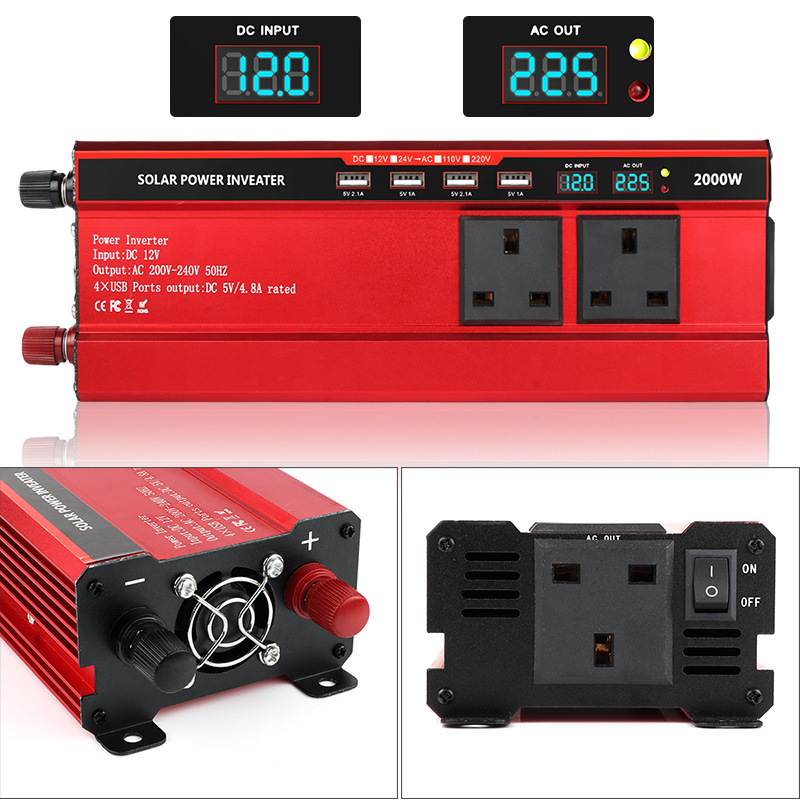 EU Power Inverter Charger Outlet 12V to 220V 110V Power Converter LCD Display With Crocodile Clip Power Cord