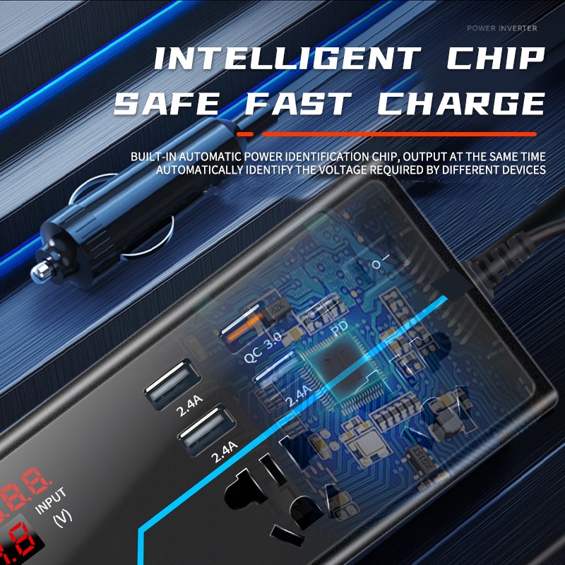 Intelligent Car Inverter Charger 12v24V to 110v220V,Multi-Function Converter,Type-C Fast Charging for Mobile Phones