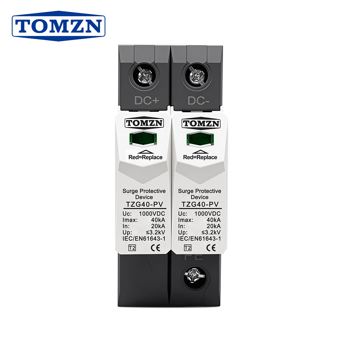 TOMZN DC SPD 2P 500V 600V 800V 1000V 20-40kA Din Rail Solar Outdoor Power Protection Protective Device Surge Protector PV