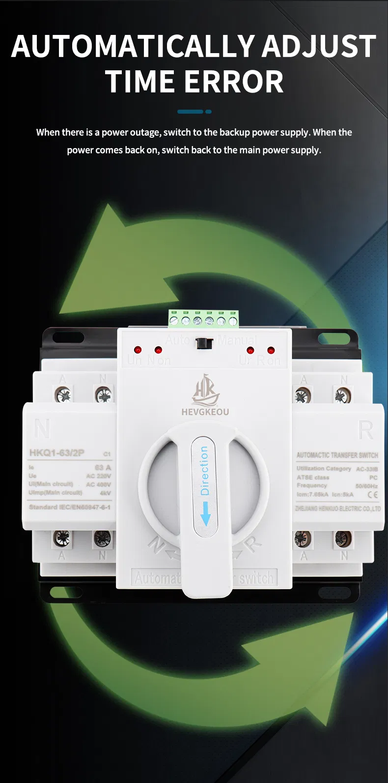 63A ATS with Built-in MCB 2p Automatic Transfer Switch 230V Dual Power Changeover with Circuit Breaker Protection