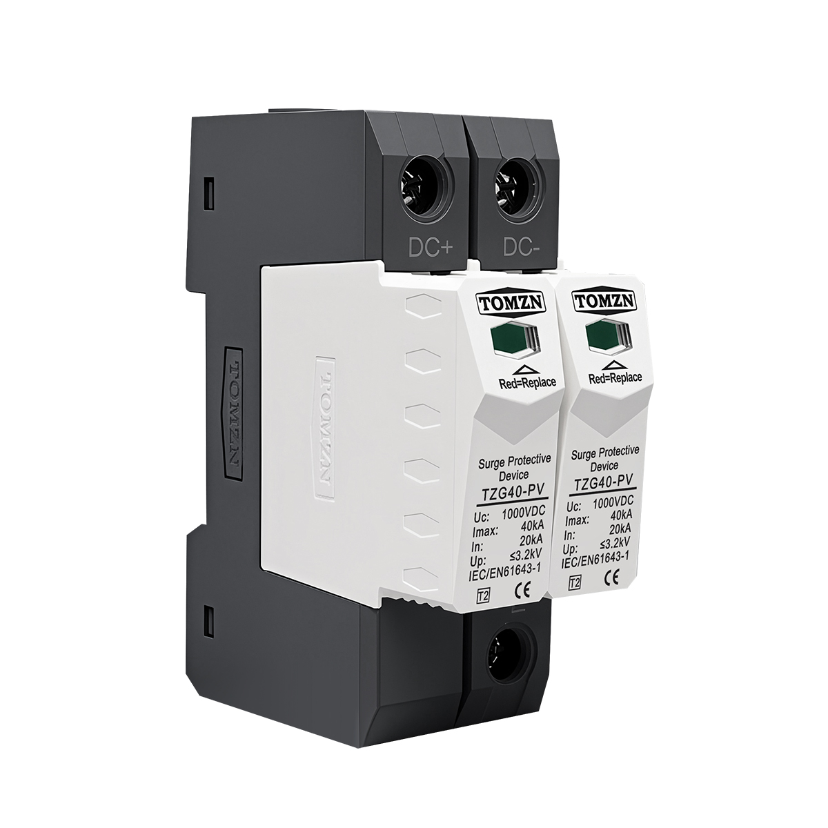 TOMZN DC SPD 2P 500V 600V 800V 1000V 20-40kA Din Rail Solar Outdoor Power Protection Protective Device Surge Protector PV