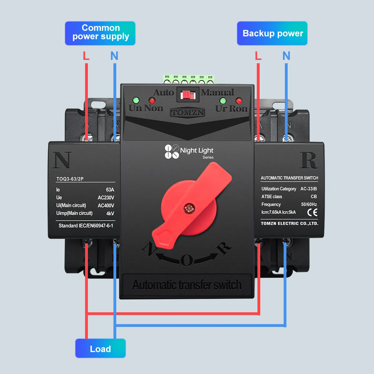 Tomzn Light Series 2p MCB Type Dual Power Automatic Transfer Switch ATS