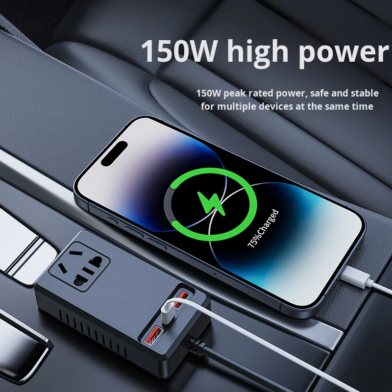 24V 12V Universal Cigarette Lighter Car Power Supply Charger USB Type-C Ports 150W Smart Inverter for Trucks Cars Motorcycle