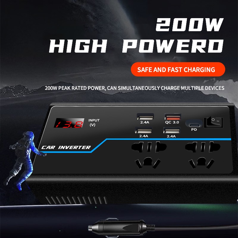 Intelligent Car Inverter Charger 12v24V to 110v220V,Multi-Function Converter,Type-C Fast Charging for Mobile Phones