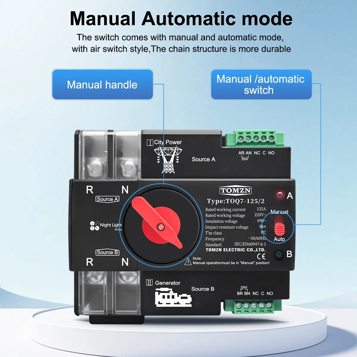 Tomzn 2p 220V Single-Phase ATS Night Light Automatic Transfer Electrical Selector Switch