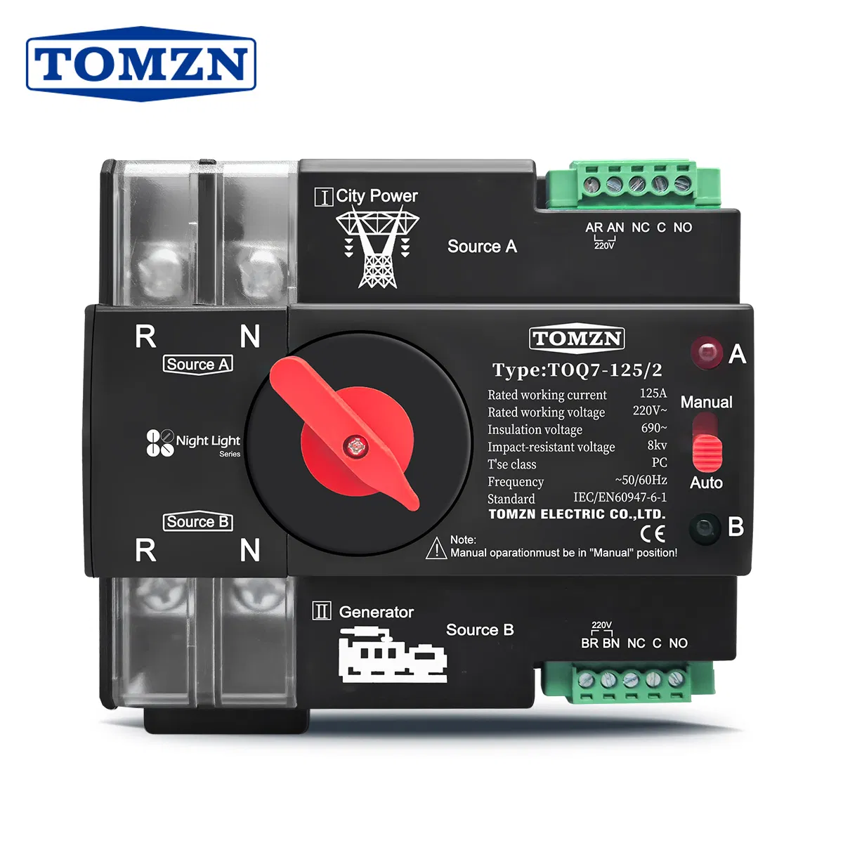 Tomzn 2p 220V Single-Phase ATS Night Light Automatic Transfer Electrical Selector Switch