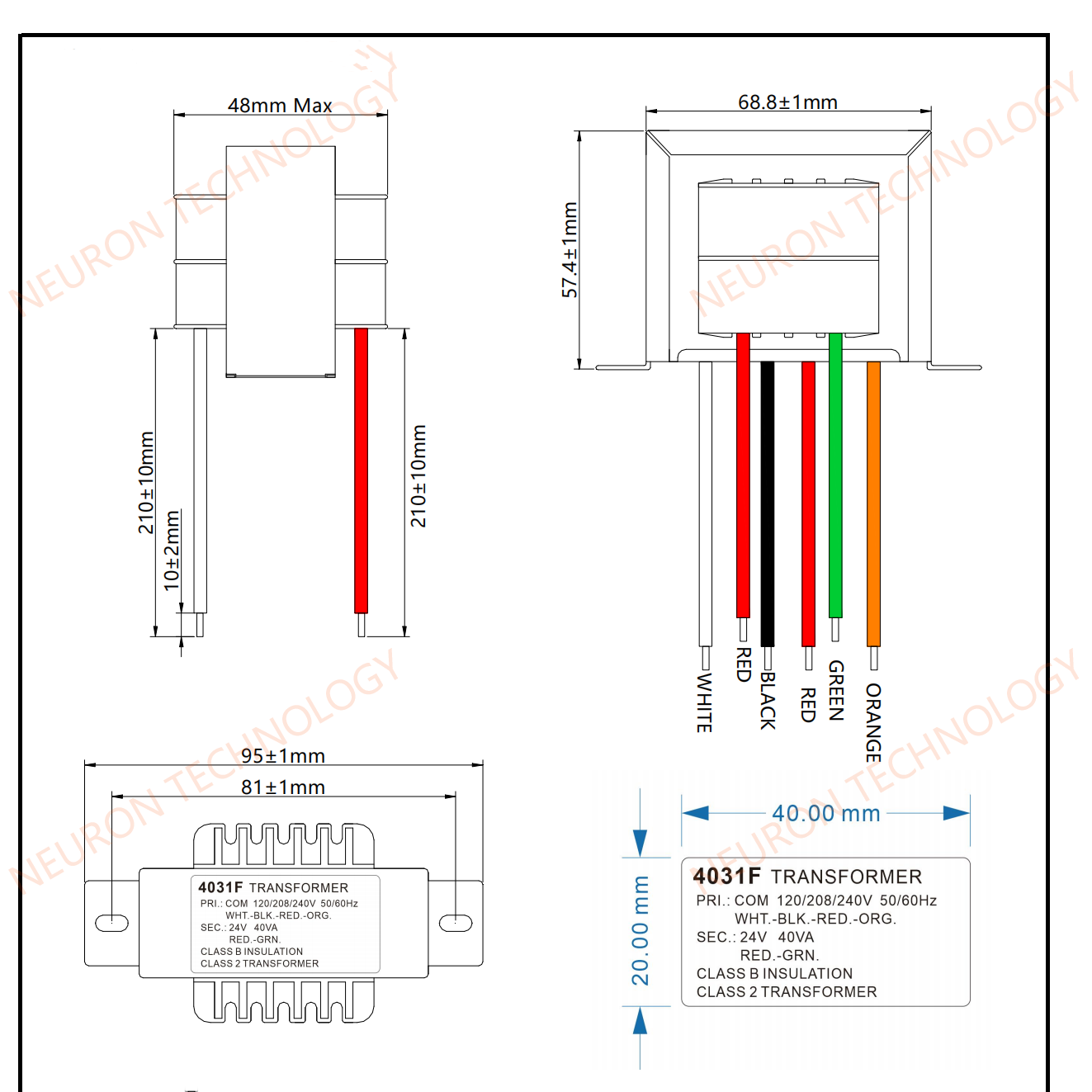 24V 40VA Control Transformer 120/208/240 V AC Secondary 24V Isolation HVAC Transformers Furnace Multi Tap 4031F