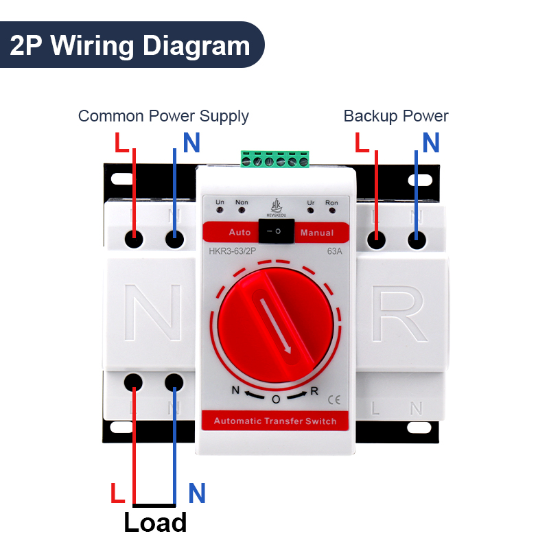 2 Pole 63A/125A ATS Automatic Transfer Switch, PV Rated 230V 50/60Hz, Manual Auto Mode, Dual Power Changeover for Solar System &amp; Generator Backup