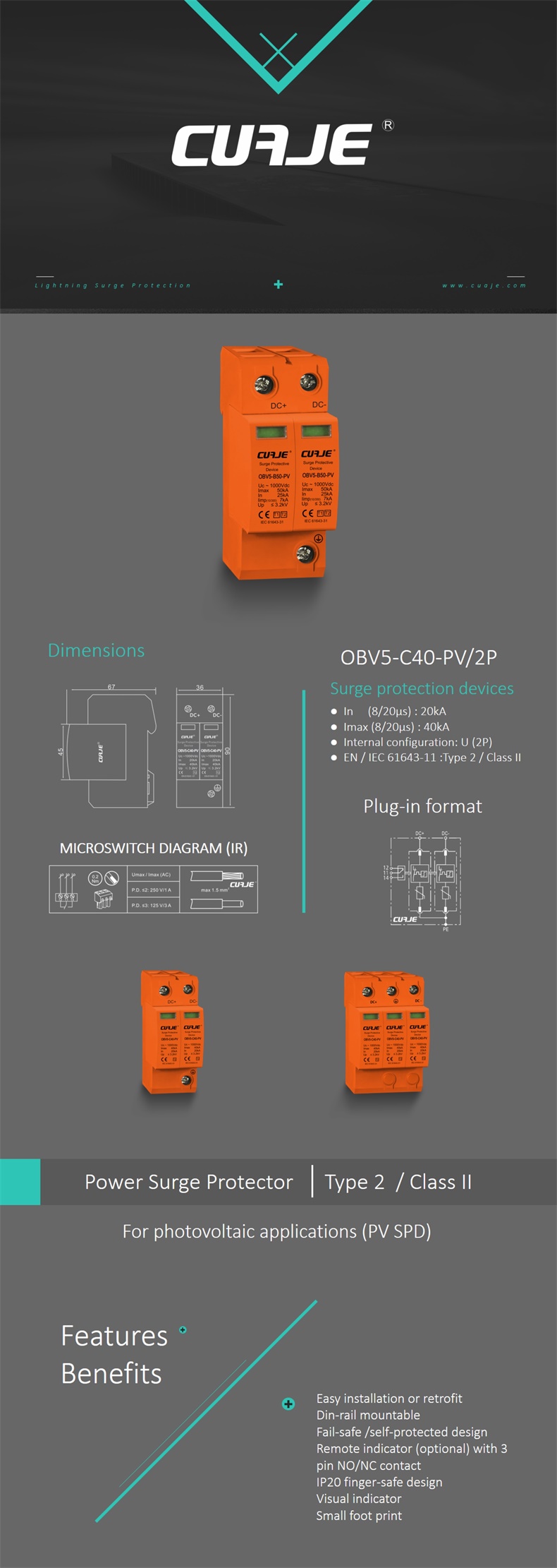 Solar PV 20KA - 40KA 2P 3P DC 500V 600V 800V 1000V Surge Protector Arrester Surge Protective Device SPD Dimension