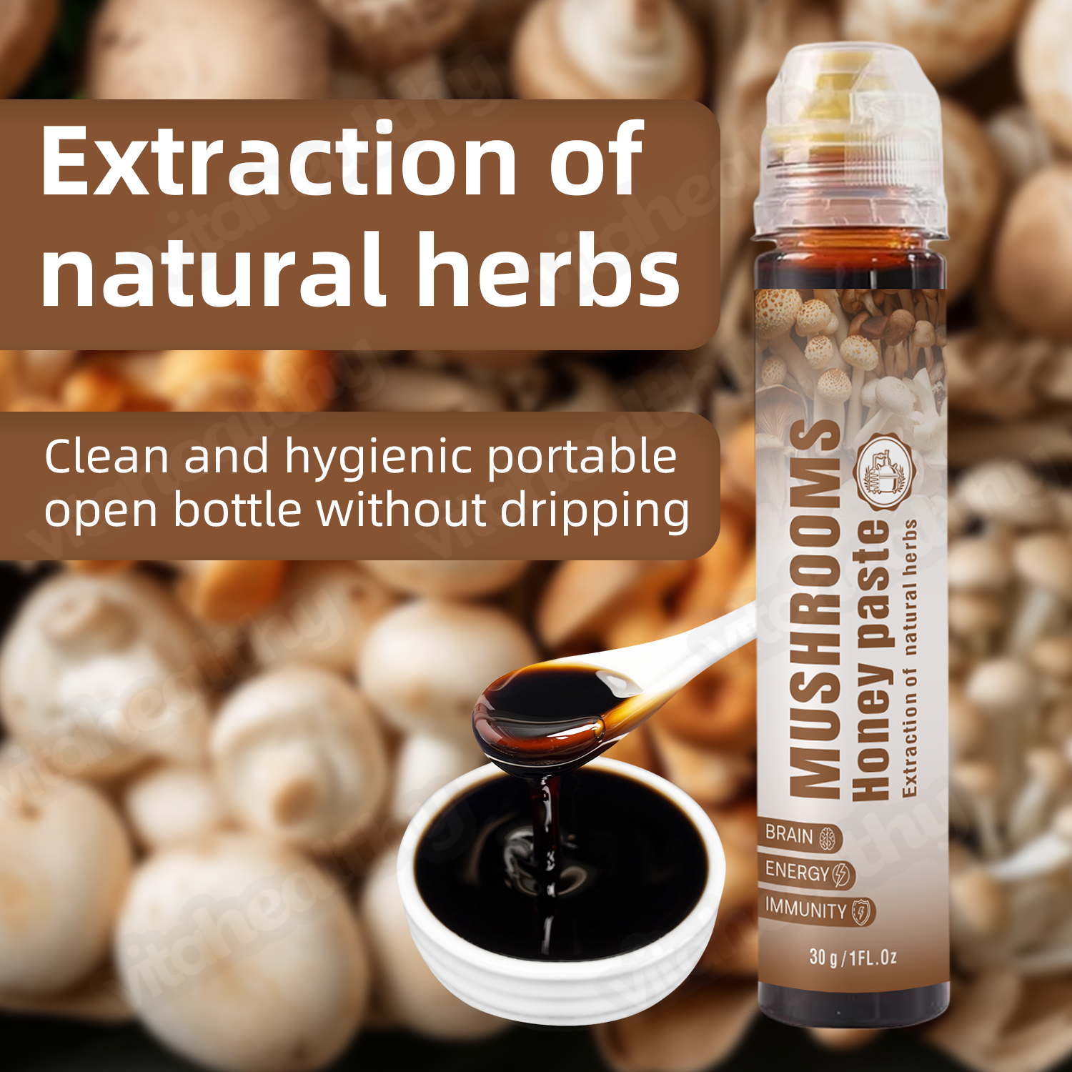 Vitahealthy Functional Mushrooms Honey Blend with Natural Ingredients for Daily Nutrition and Supplement Mushrooms Honey Paste