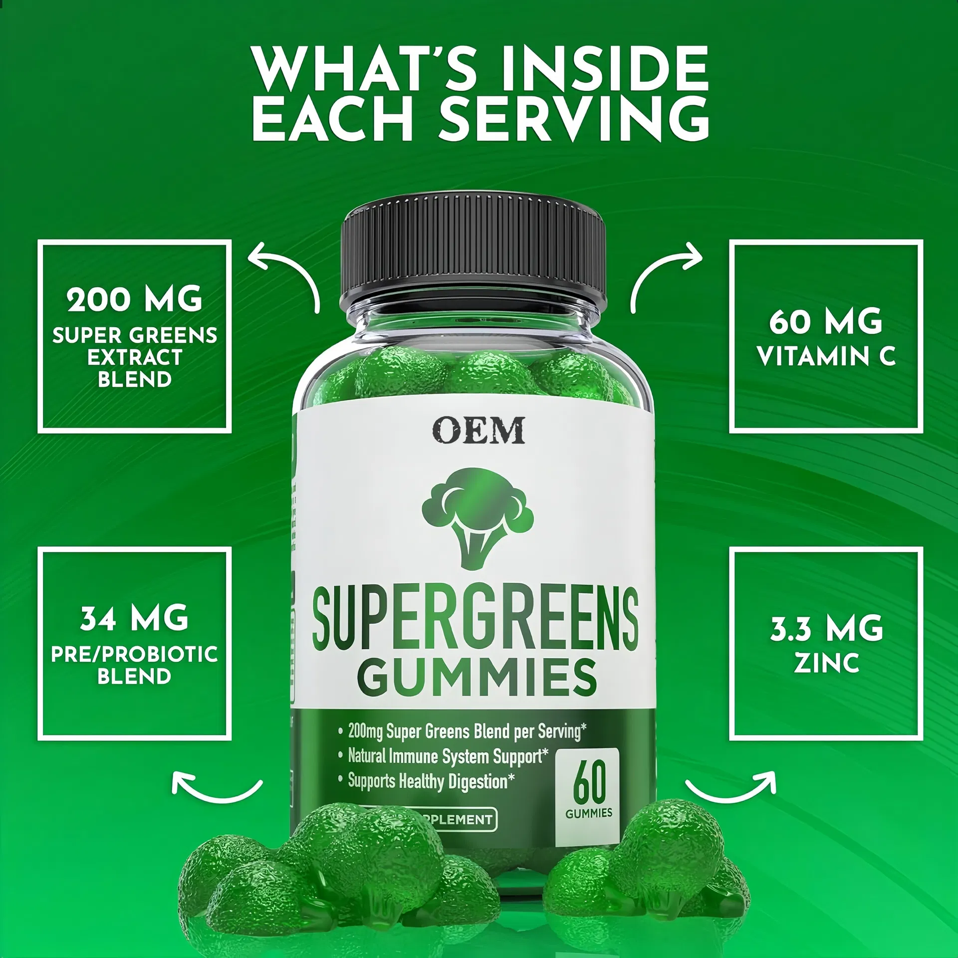 OEM Daily Green Superfoods Gummies for Immune Support with Natural Ingredients