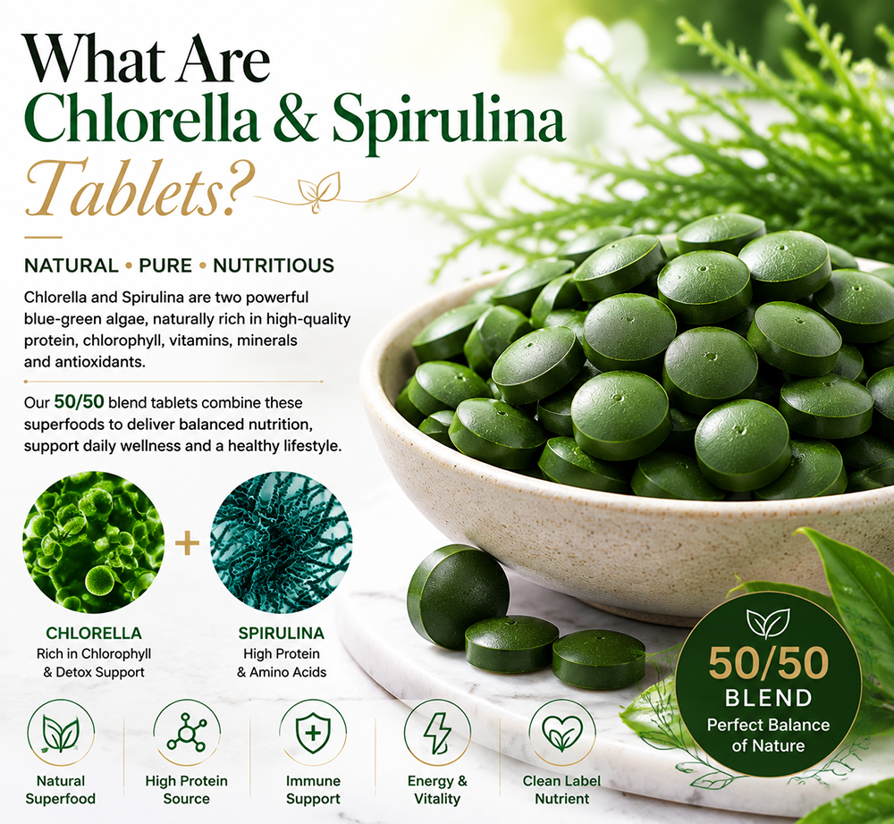 Organic Chlorella Spirulina Tablets 50 / 50 Blend High Protein Superfood Algae Supplement Bulk Wholesale