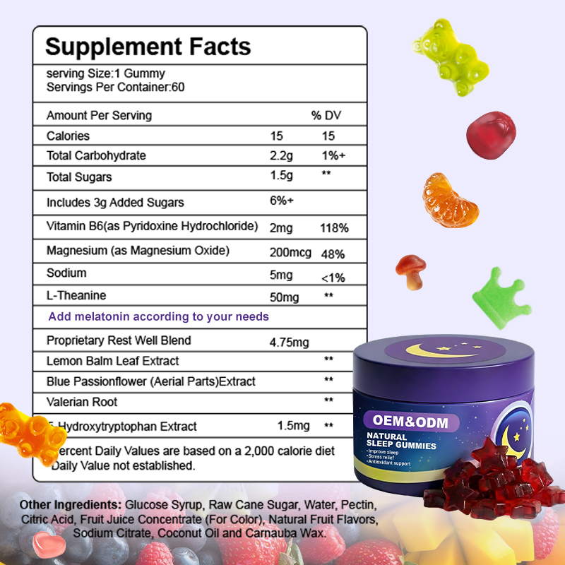 Adult Oem Private Label L-Tryptophan Melatonin Sugar Free 5-Htp Magnesium Ashwaganda Gummies Sleep Gummies Melatonin Gummies