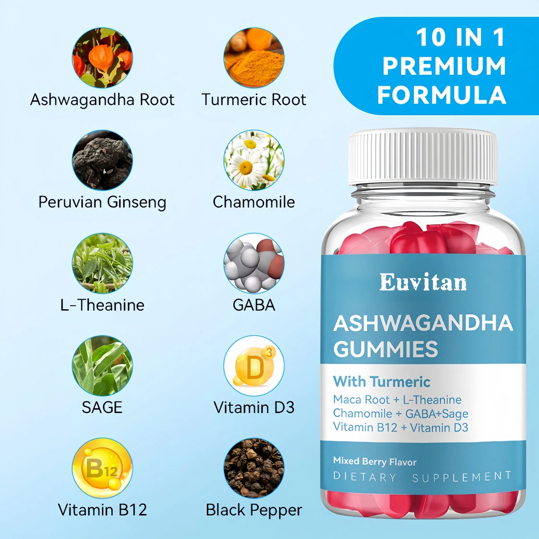 Own Brand Mixed Berry Custom Flavor Black Pepper Enhances Ashwagandha Gummies Custom Ingredients