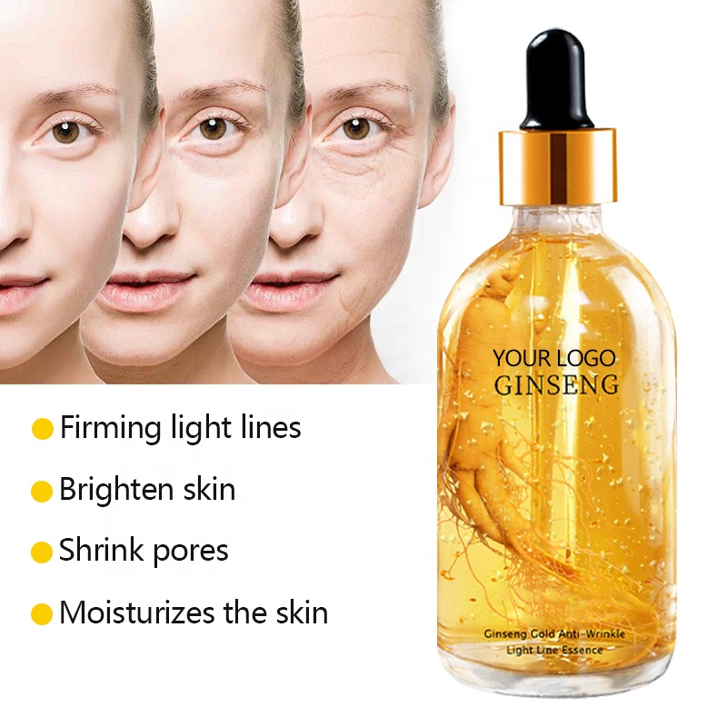 Private Label 24k Gold Ginseng Face Serum 100ml Anti Aging Wrinkle Whitening Firming Hydrating Vegan Niacinamide Vitamin E OEM