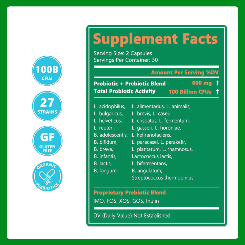 Custom Branded Probiotic Prebiotic Capsules Natural Ingredients Improve Digestive and Immune System Vitamin Supplement