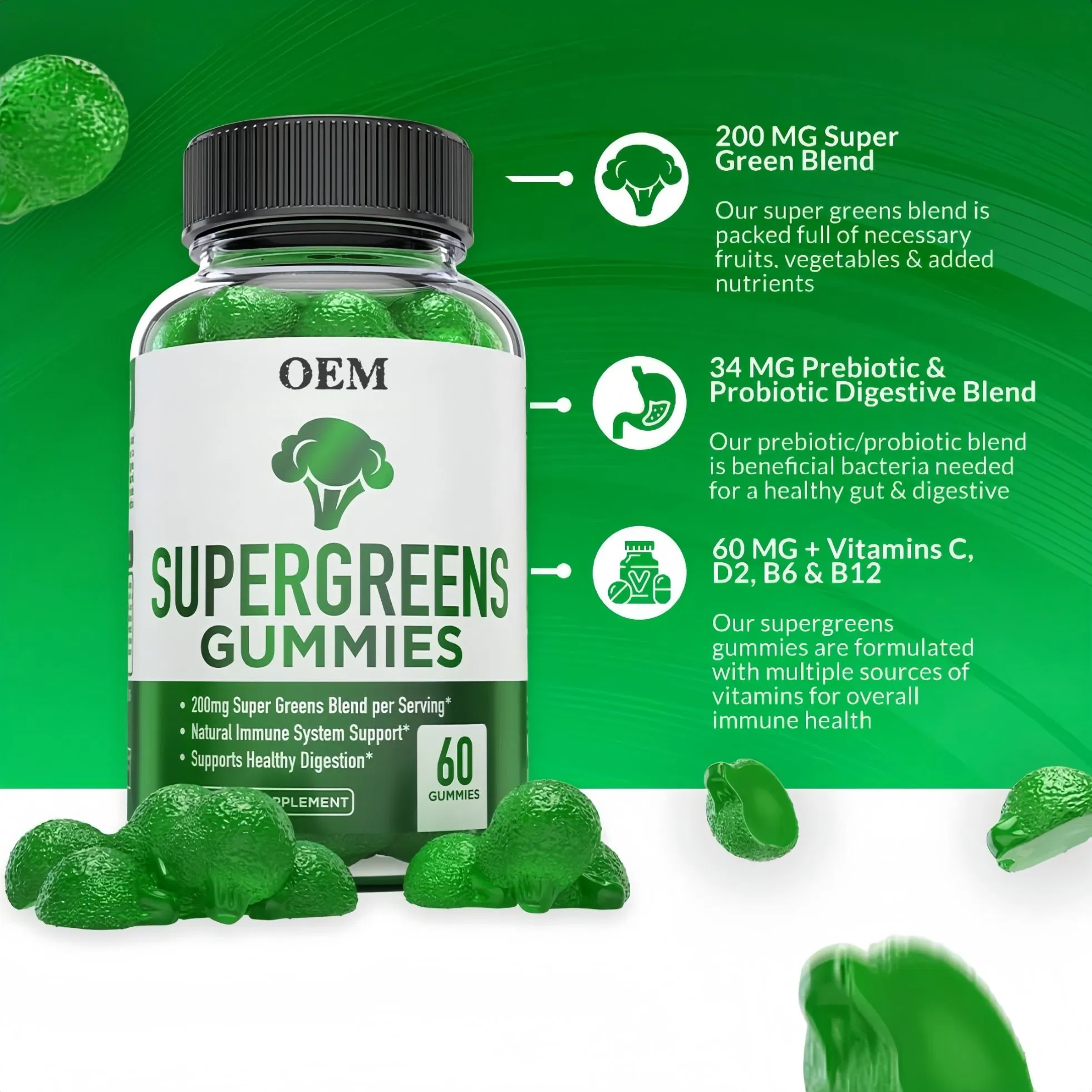 OEM Daily Green Superfoods Gummies for Immune Support with Natural Ingredients