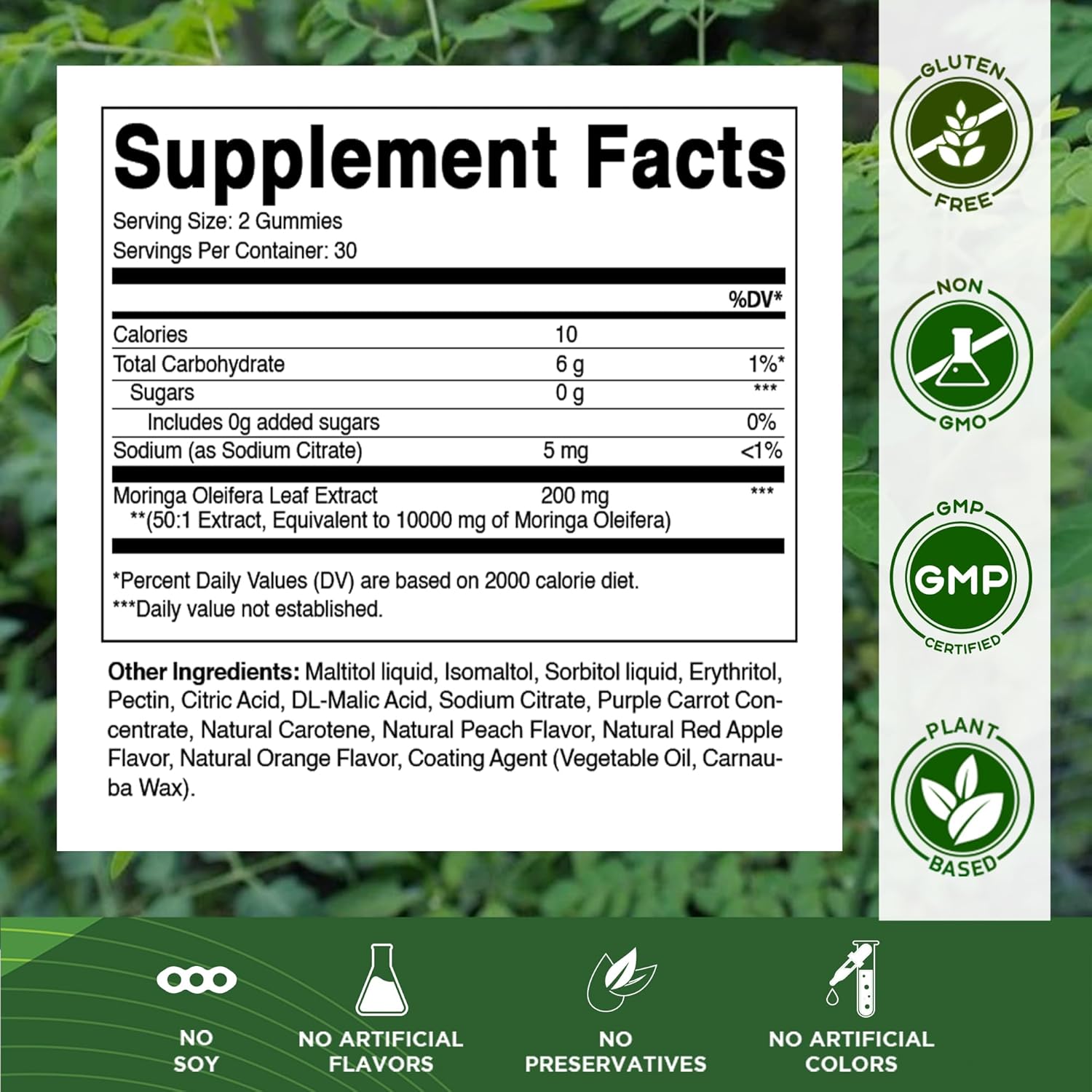 China Manufacturer Wholesale OEM Private Label Vegan 200mg Moringa Leaf Extract Gummy Supplement For Antioxidant