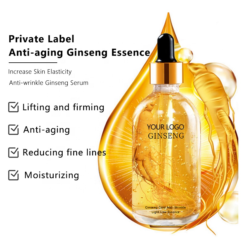 Private Label 24k Gold Ginseng Face Serum 100ml Anti Aging Wrinkle Whitening Firming Hydrating Vegan Niacinamide Vitamin E OEM