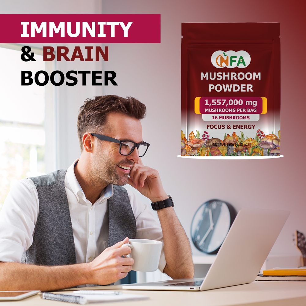OEM ODM Mushroom Powder with Mushroom Fruiting Body Extract Blend Support Immunity Brain Focus Energy Extra Ingredients for Mood