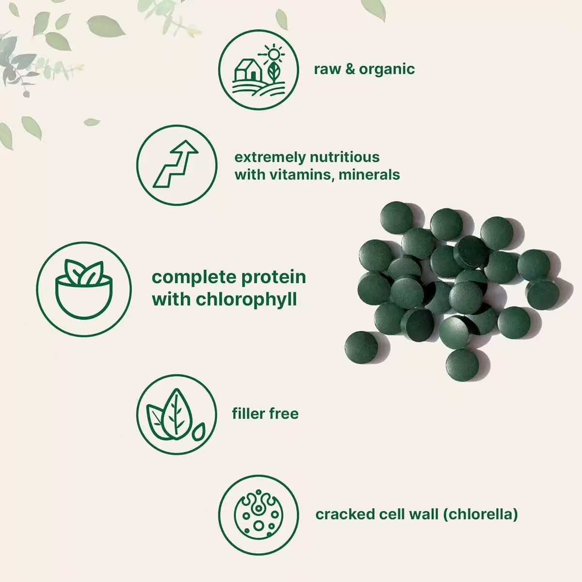 OEM Custom Package Organic Spirulina Tablets 60 Tablets Rich Plant Protein Chlorophyll Multivitamins Nutrition Supplement