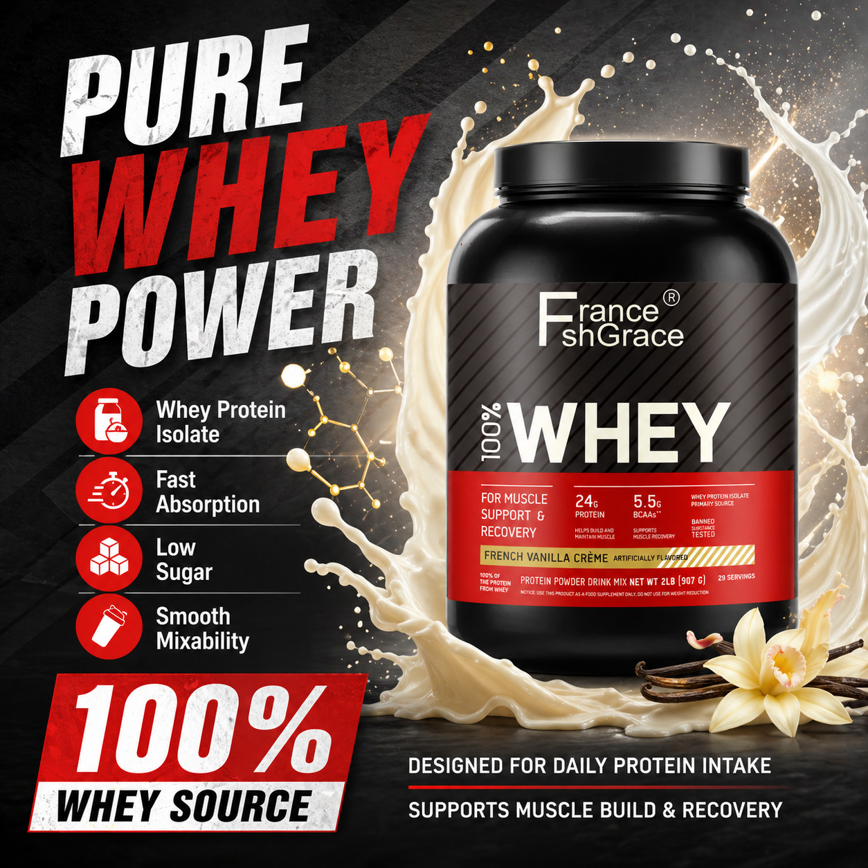 Customized Ingredients Whey Protein Powder for Muscle Gain Growth Free Non-GMO Gluten Free Vanilla Flavor for Adults