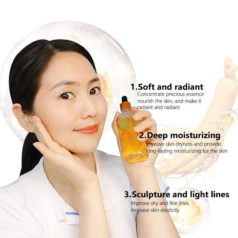 Private Label 24k Gold Ginseng Face Serum 100ml Anti Aging Wrinkle Whitening Firming Hydrating Vegan Niacinamide Vitamin E OEM