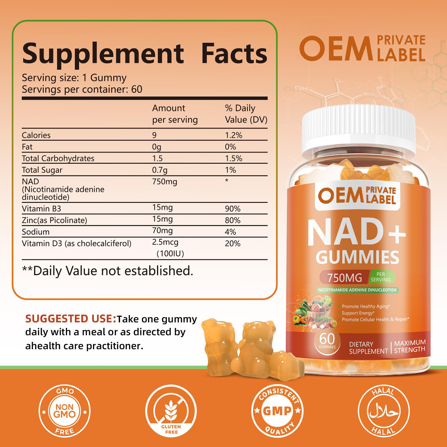 OEM NAD+ Supplement Private Label Vitamin B3 Hydrolyzed Collagen Herbal Sugar Free Anti-Aging NAD Gummies Boosting Cell