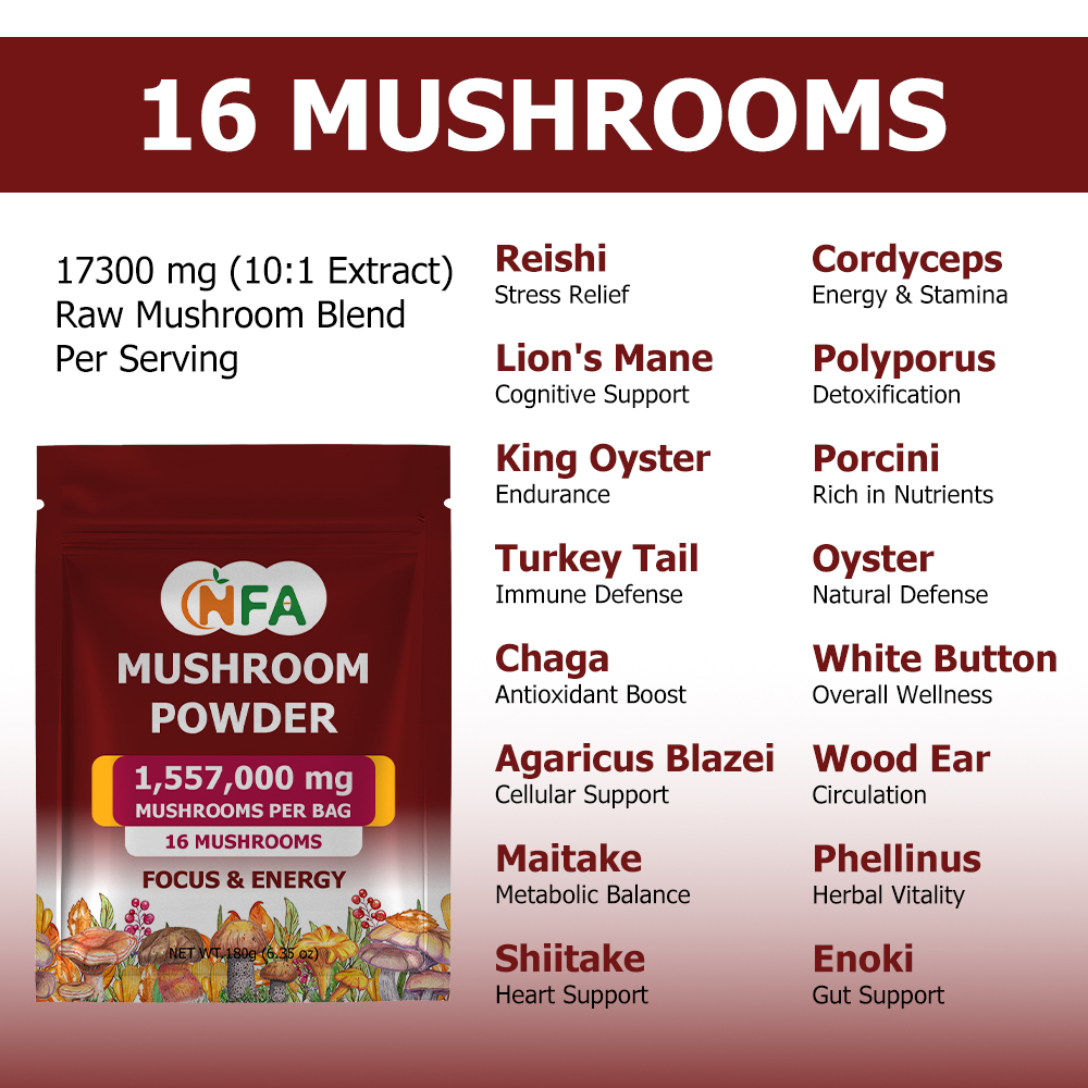 OEM ODM Mushroom Powder with Mushroom Fruiting Body Extract Blend Support Immunity Brain Focus Energy Extra Ingredients for Mood