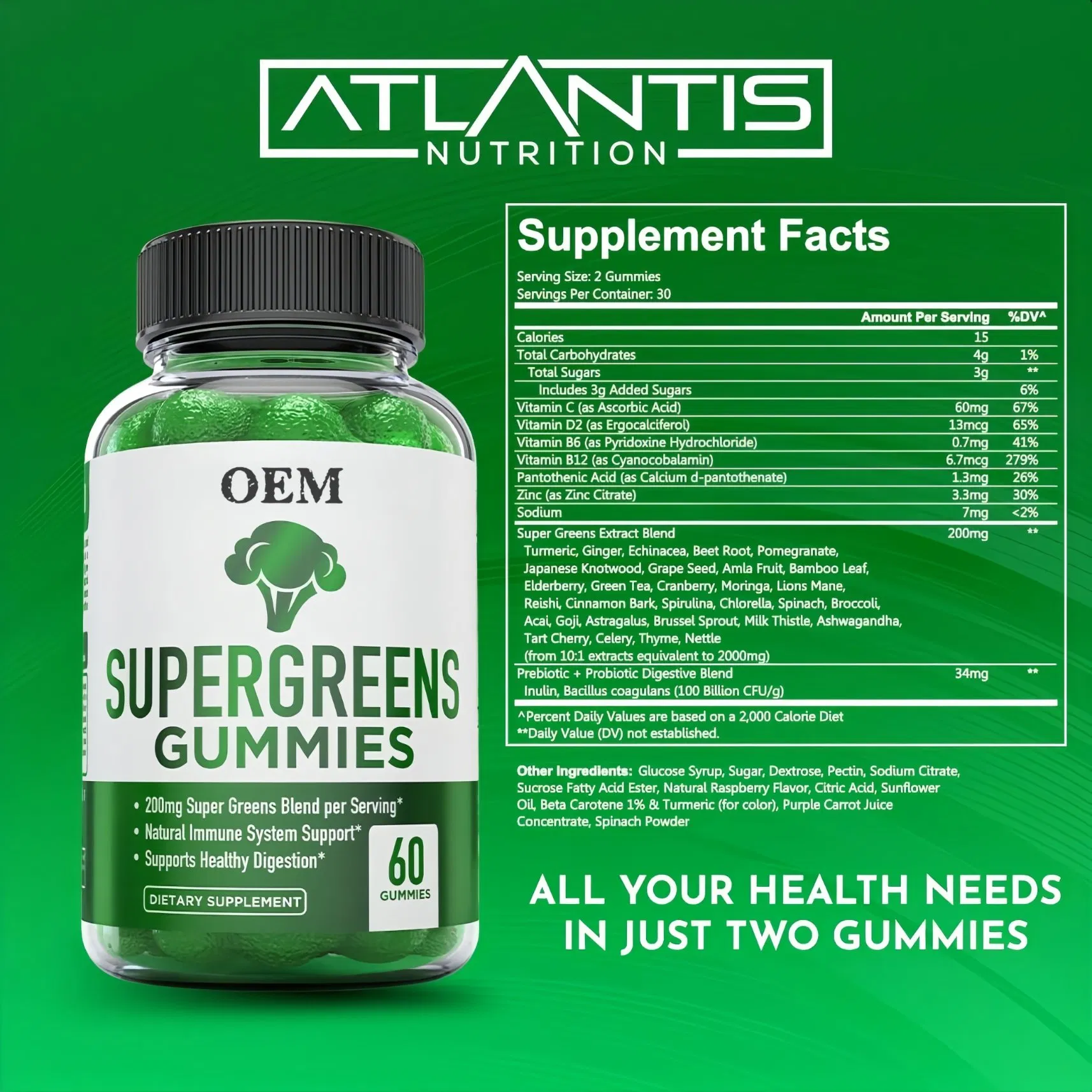 OEM Daily Green Superfoods Gummies for Immune Support with Natural Ingredients