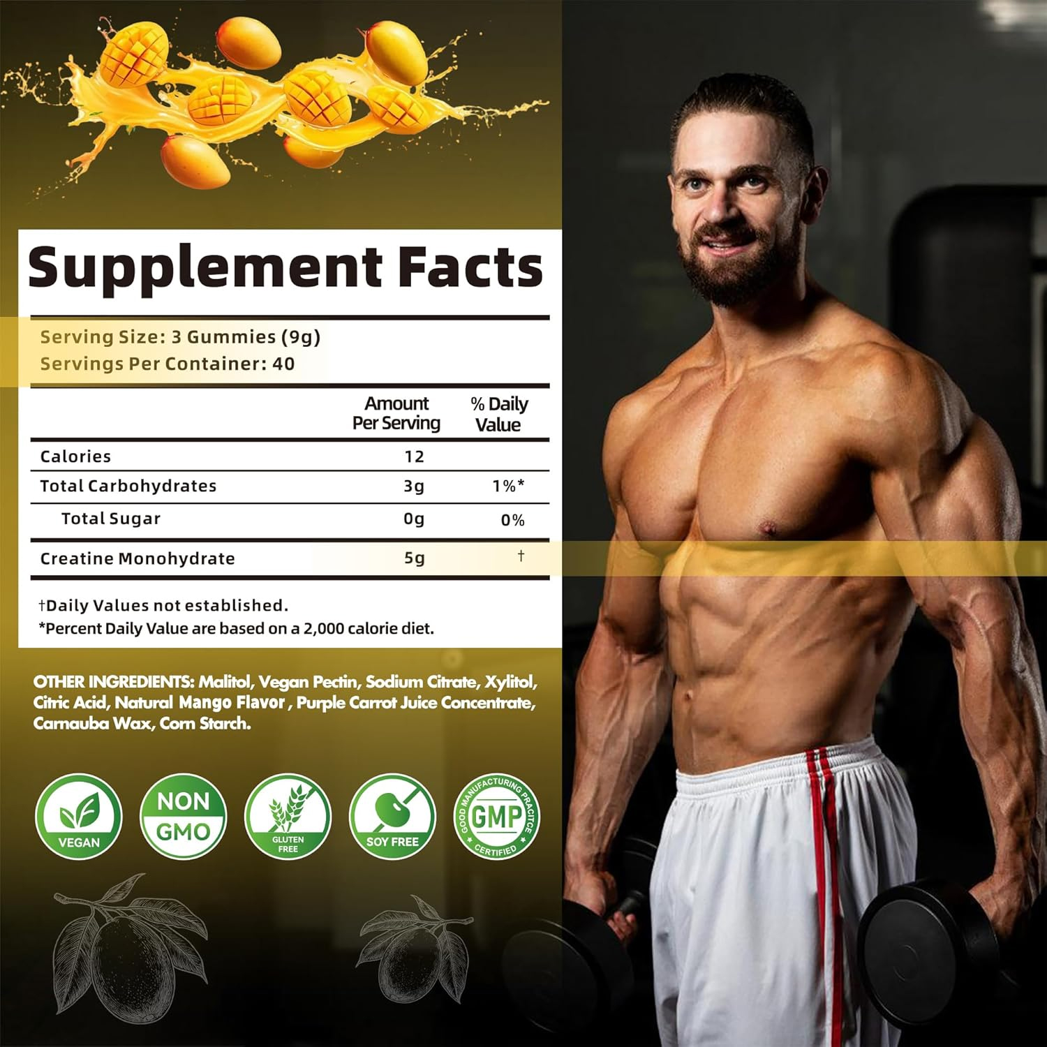 Wholesale Supply Watermelon Mango Blueberry Fruit Flavor Organic Creatine Monohydrate Gummies Supplement 5000Mg Private Label