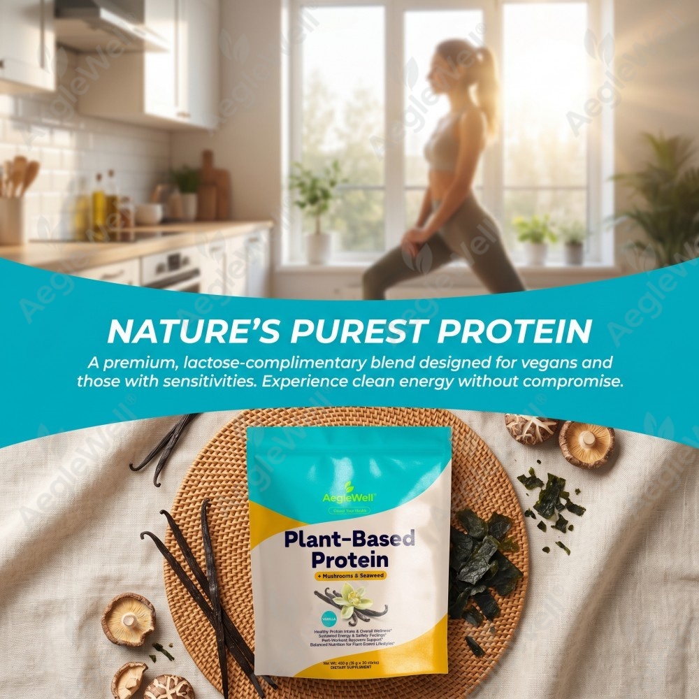 Vanilla Plant Based Protein Drink Mix, Multi Mushroom &amp; Seaweed Complex Vegan Protein Powder, Weight Management Sports Nutrition