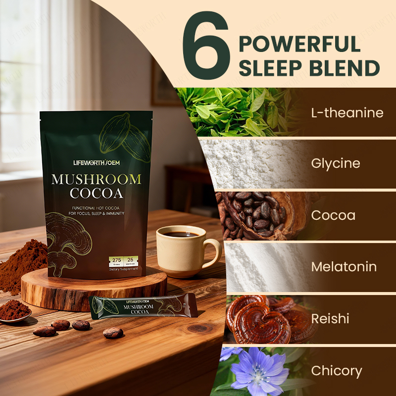 For Functional Mushroom Cocoa Powder 6-Ingredient Sleep Blend Melatonin L-Theanine Immune Support for Adults-Private Label