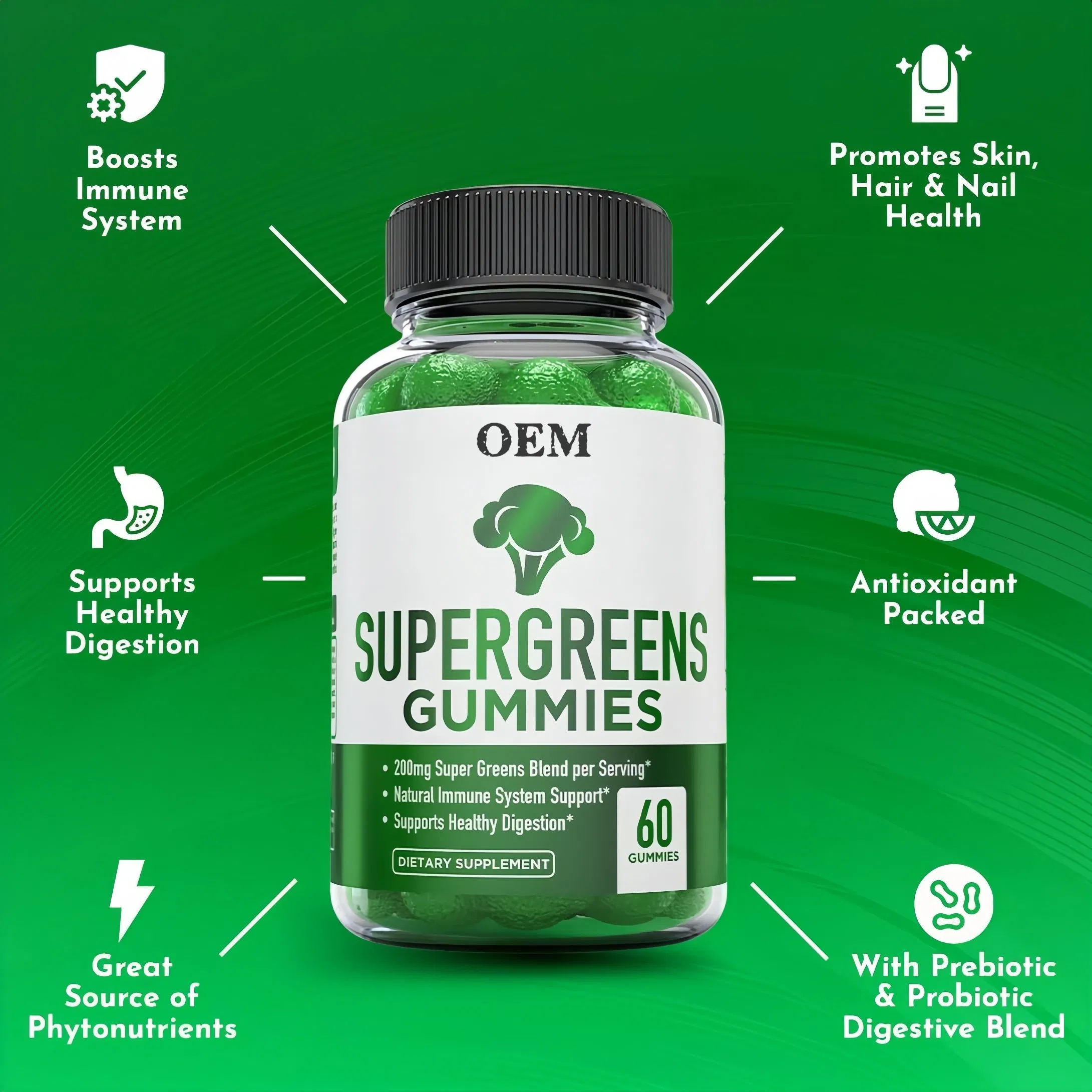OEM Daily Green Superfoods Gummies for Immune Support with Natural Ingredients