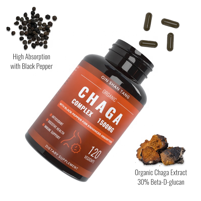 Private Label Herbal Supplement Chaga Extract Powder Capsules 1500 mg Organic Chaga Mushroom Capsules