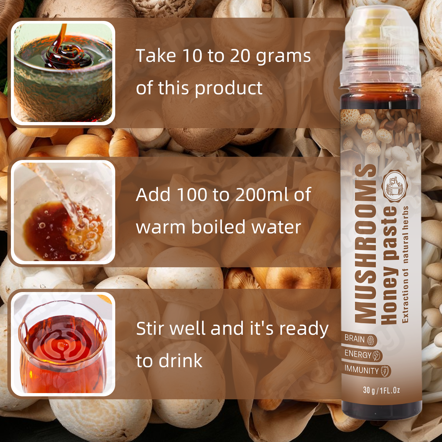 Vitahealthy Functional Mushrooms Honey Blend with Natural Ingredients for Daily Nutrition and Supplement Mushrooms Honey Paste