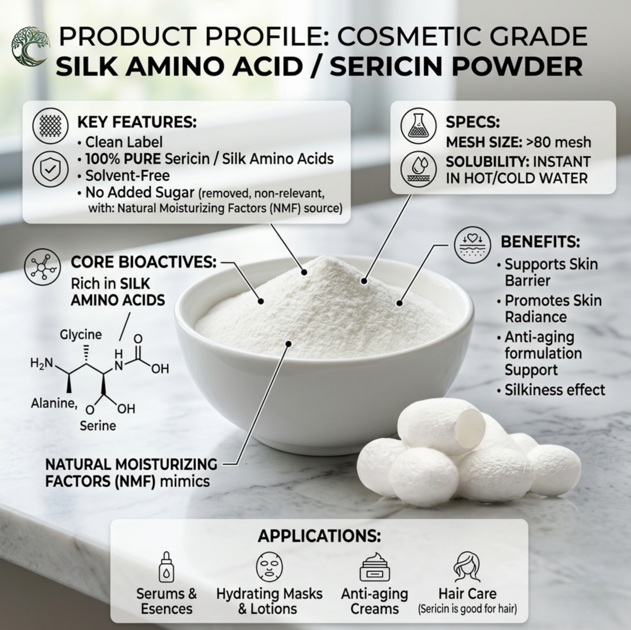 OEM Private Label Silk Amino Acids Powder Sericin Powder Natural Silk Protein Cosmetic Grade Water Soluble Bulk Wholesale