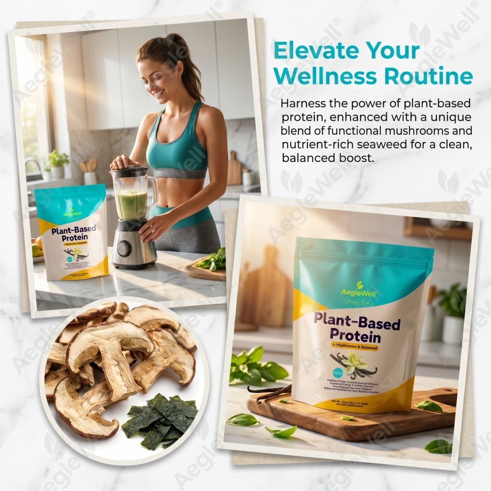 Vanilla Plant Based Protein Drink Mix, Multi Mushroom &amp; Seaweed Complex Vegan Protein Powder, Weight Management Sports Nutrition
