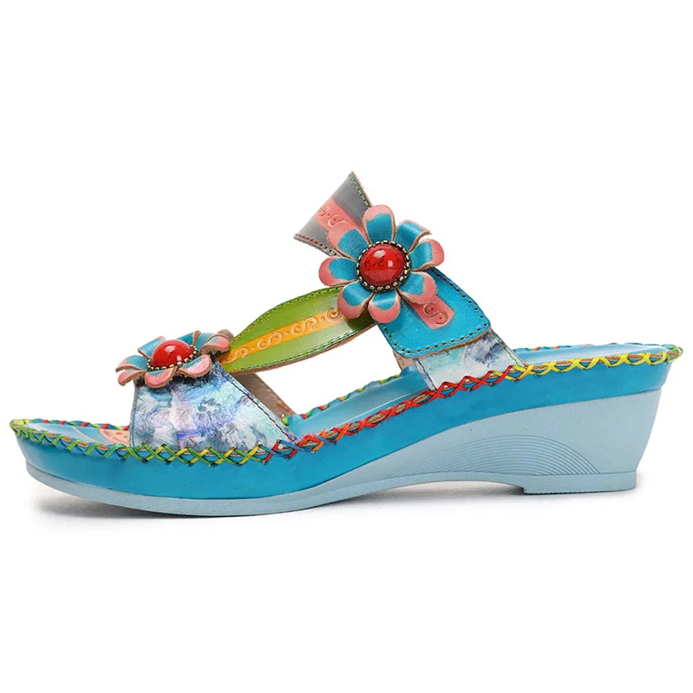 صندل نسائي مزخرف من الجلد مع زهور بأسلوب بوهيمي ماكسيماليست 70s ش sandals شاطئ خارجي قديم للاستخدام في العطلات