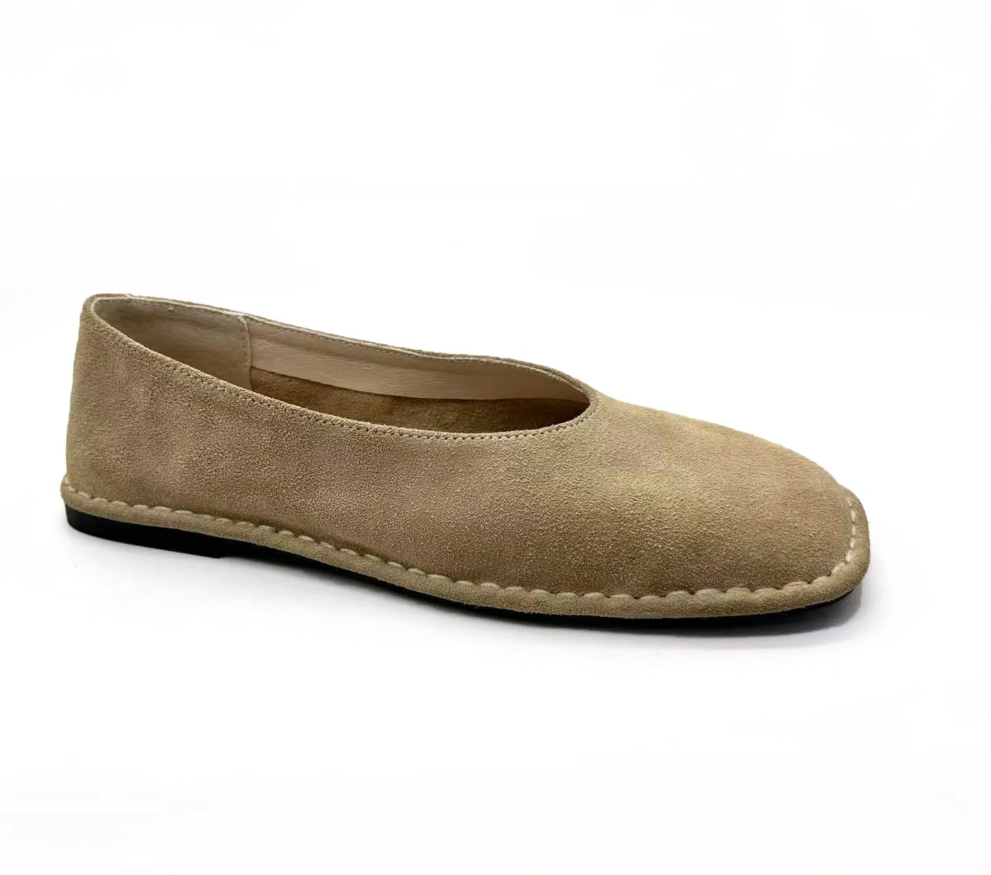 Women's Khaki Suede Raw Edge Stitched Slip-on Casual Flat Shoes