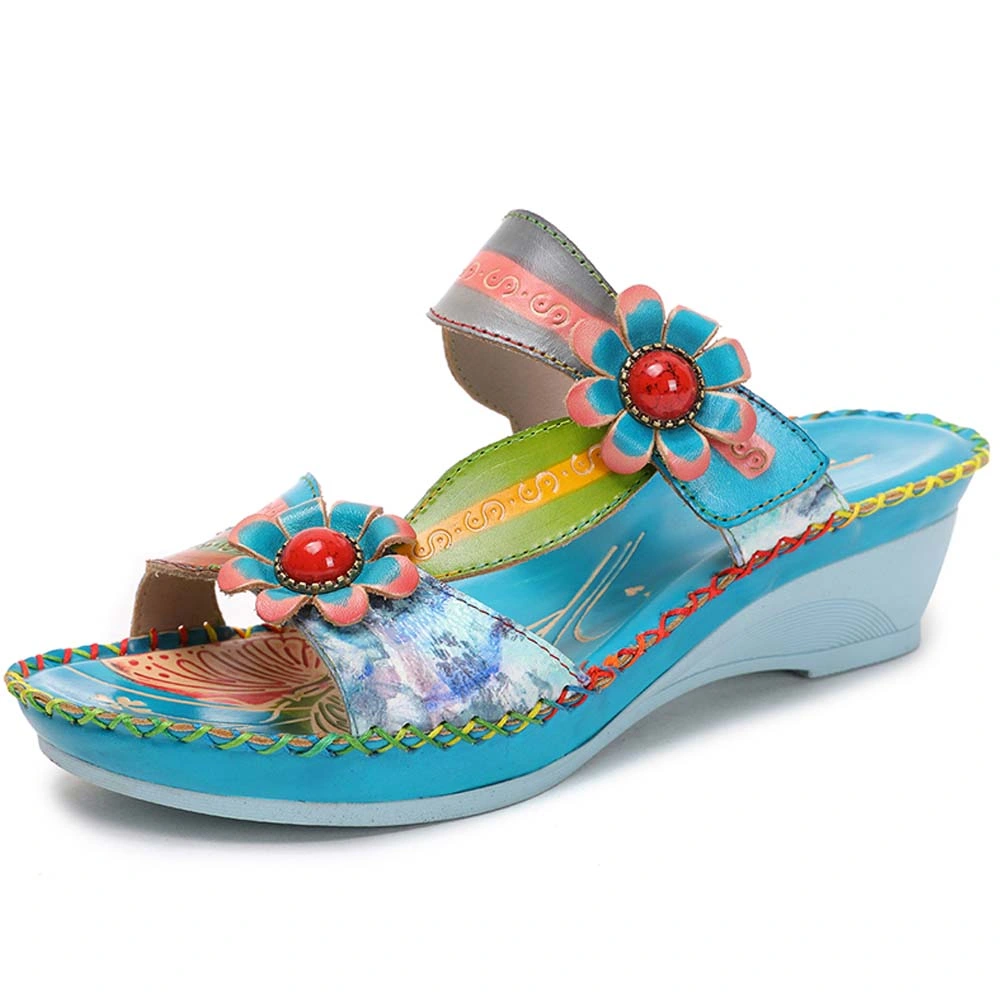 صندل نسائي مزخرف من الجلد مع زهور بأسلوب بوهيمي ماكسيماليست 70s ش sandals شاطئ خارجي قديم للاستخدام في العطلات