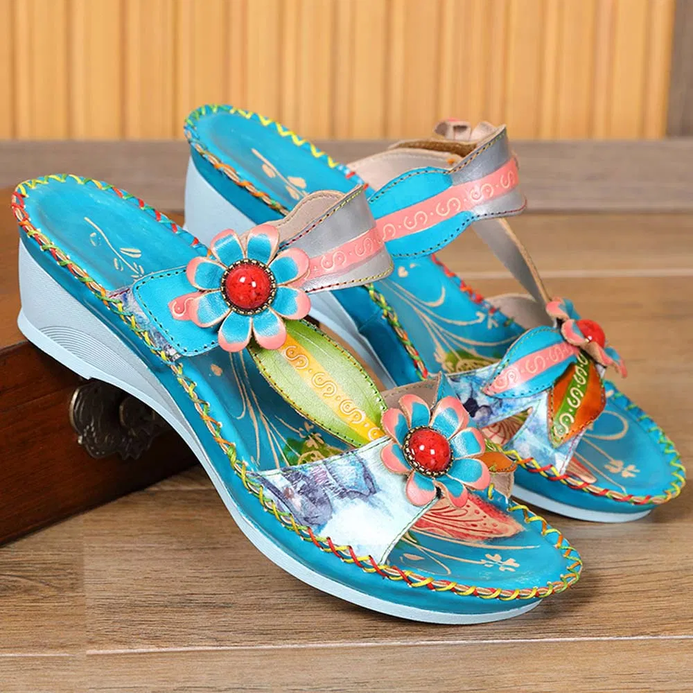 صندل نسائي مزخرف من الجلد مع زهور بأسلوب بوهيمي ماكسيماليست 70s ش sandals شاطئ خارجي قديم للاستخدام في العطلات