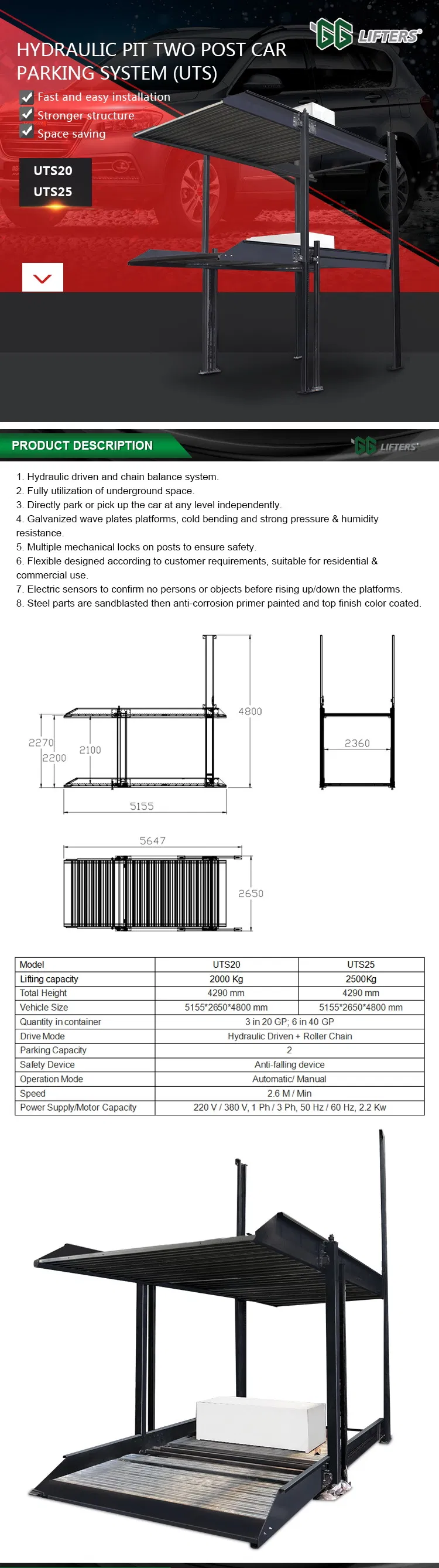underground hydraulic 2 levels customized pit garage storage system