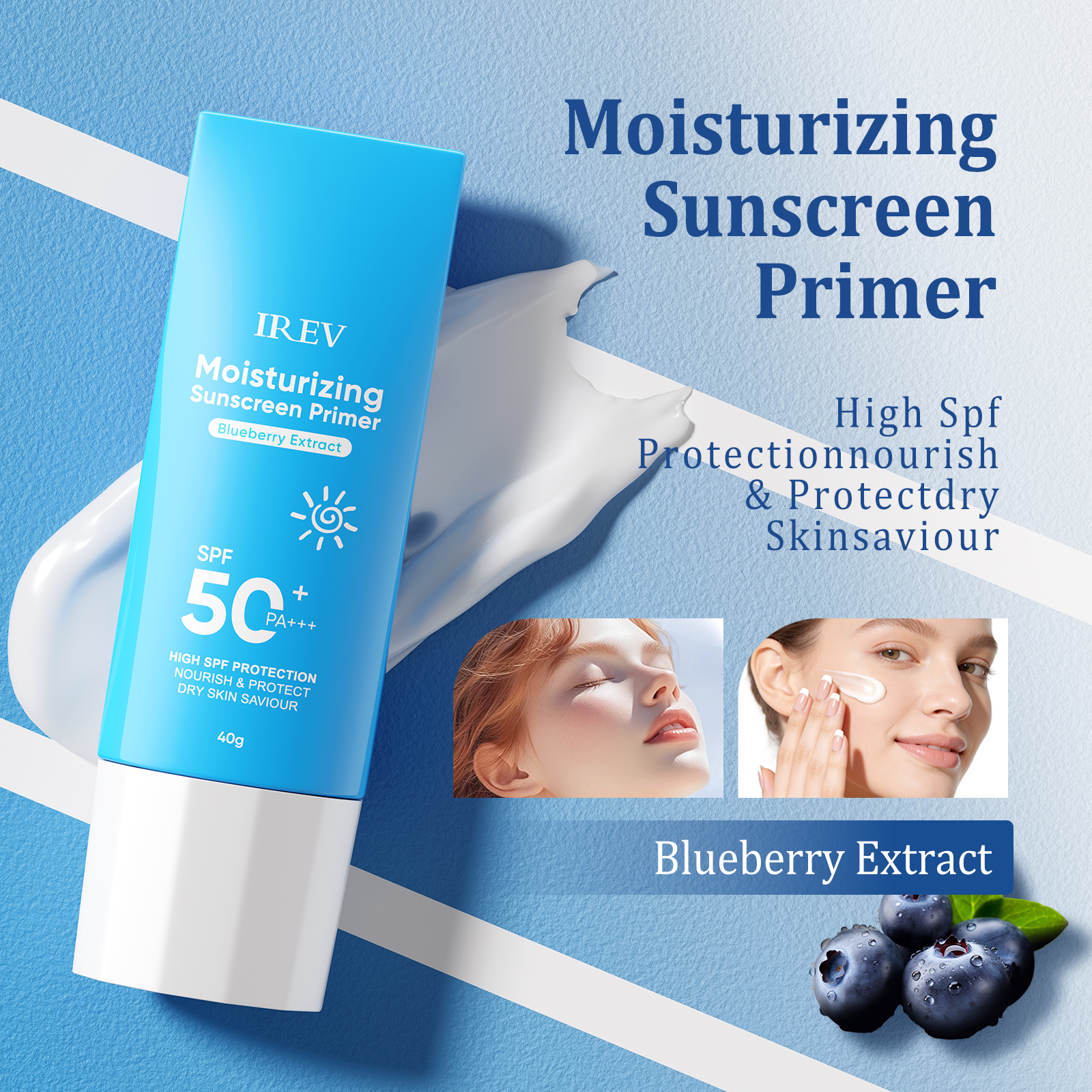 LREV OEM Organic Blueberry Moisturizing Isolation Sunscreen SPF50+ PA+++ Bilberry Fruit Extract UV Protection Waterproof Cream