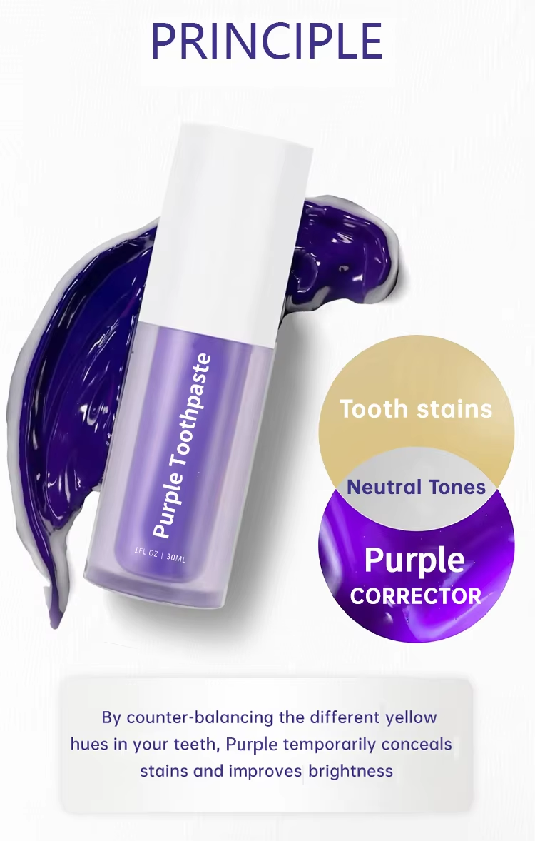 Private Label Premium Oral Care 30ml Travel Size Brightening Serum Purple Toothpaste with Chemical Ingredients for Home Use